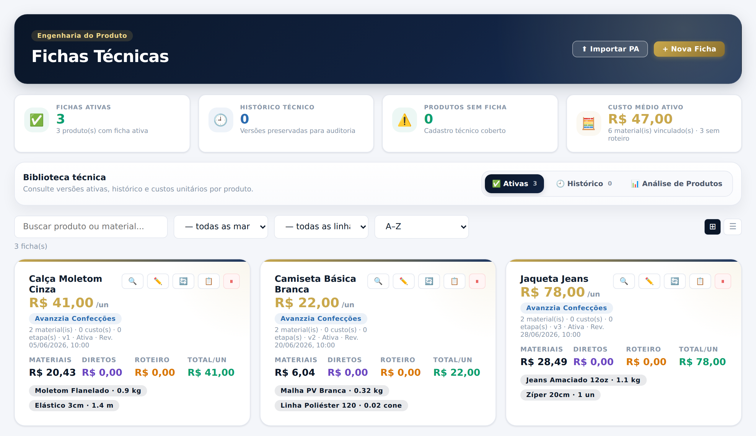 Tela de fichas técnicas do Avanzzia One, com custo por peça calculado a partir dos materiais
