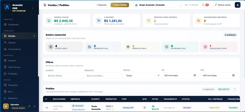 Tela de Vendas e Pedidos do Avanzzia One, com esteira comercial por status e lista de pedidos