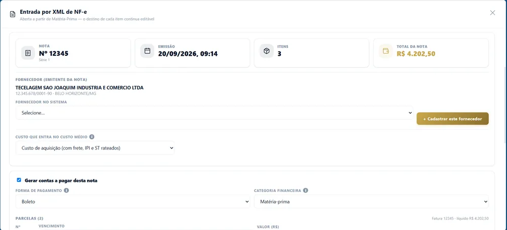 Tela de entrada por XML de NF-e do Avanzzia One, com os dados da nota do fornecedor já identificados